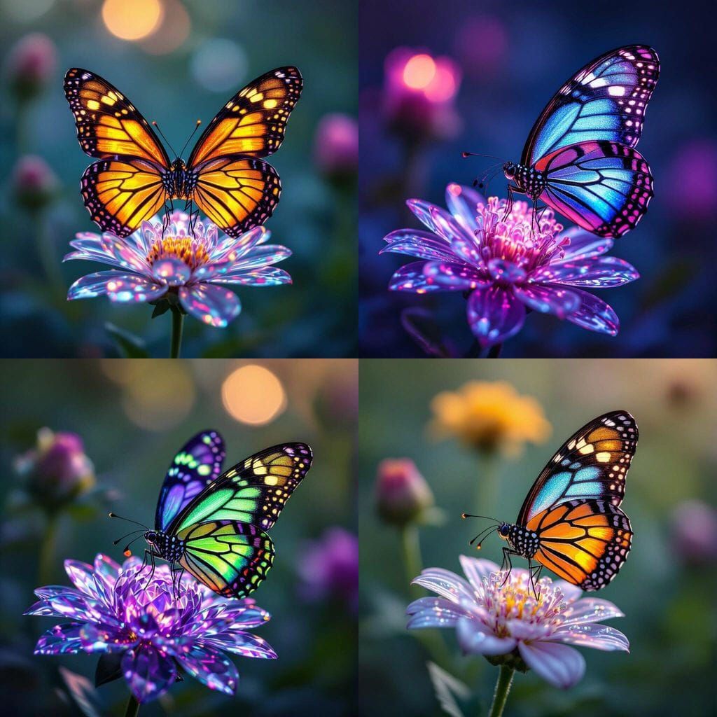 Neon Fractal Butterfly on Crystal Flower Macro Photo