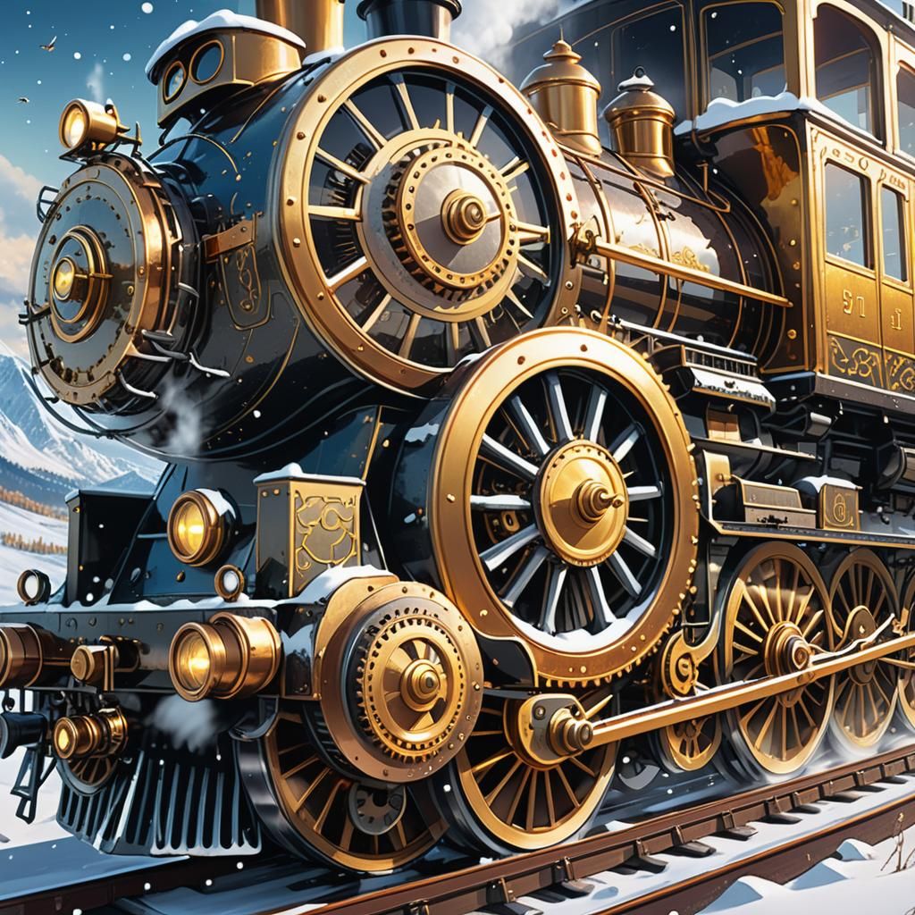 Steampunk Train Chugging Through Snowy Landscape