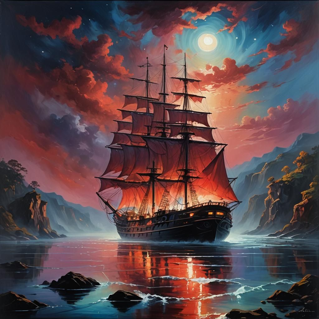 Mystical Ship Emerges Under Red Moon, Oil Painting
