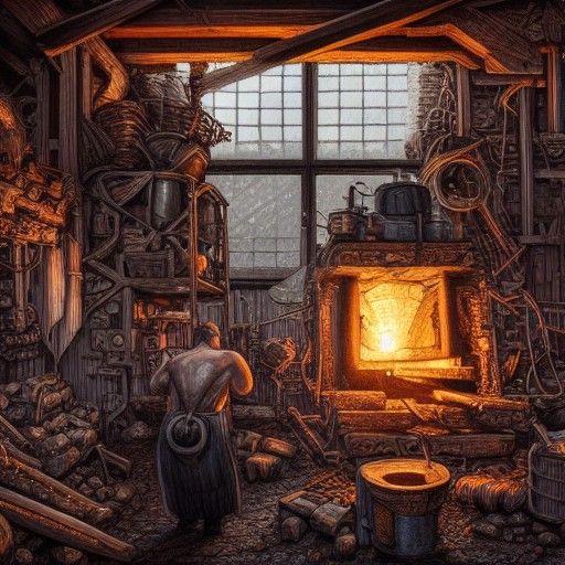 Detailed Blacksmith Forge Interior in Noir Style