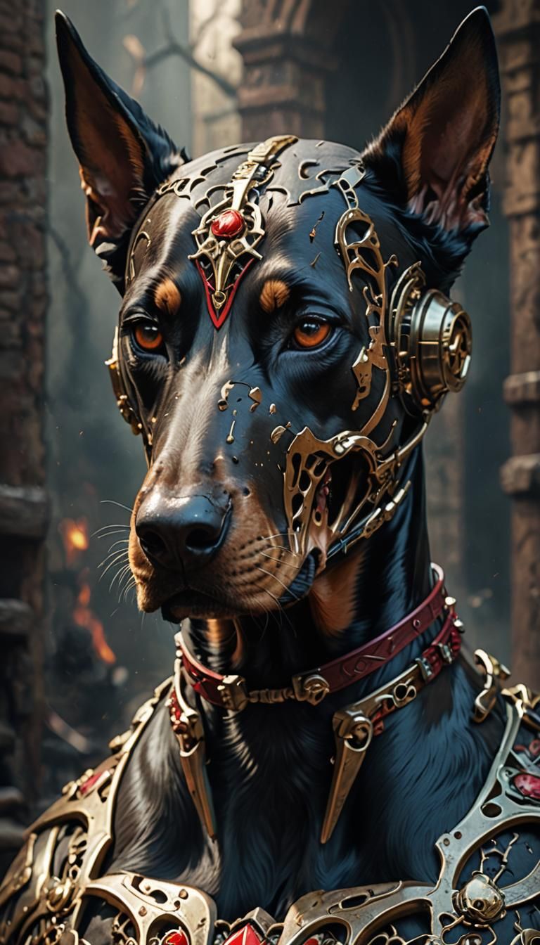 Doberman with Anatomic Heart and Skull Mask