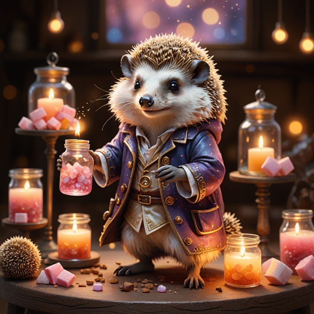 Hedgehog Alchemist Brewing Potion in Watercolor Fantasy Art