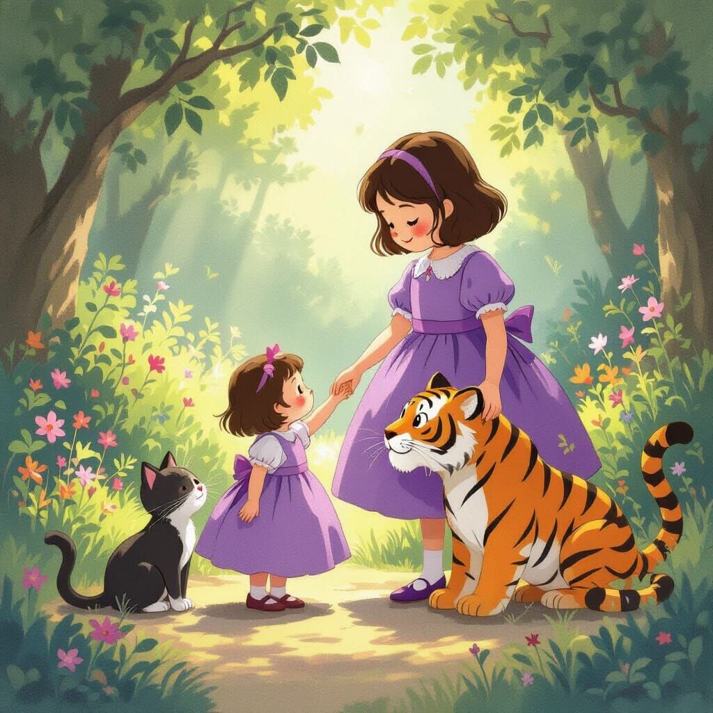 Girl with Cat and Tiger in Whimsical Purple Dress