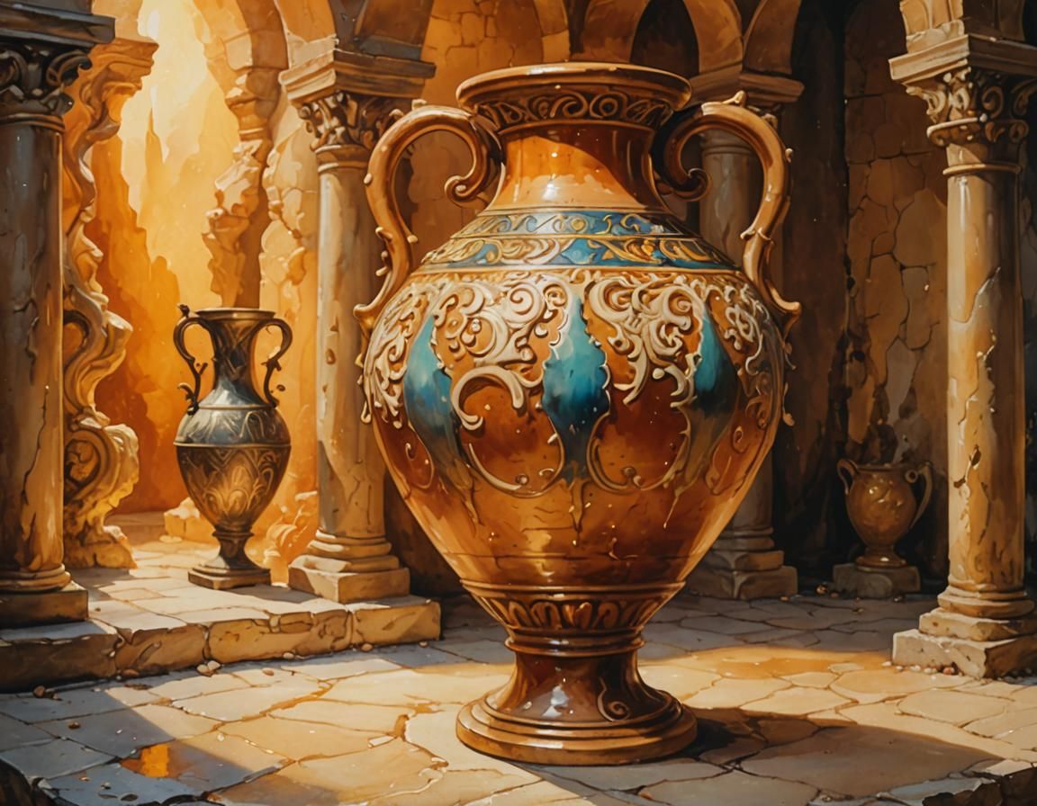 Ornate Glazed Amphora in Dreamlike Gouache Style