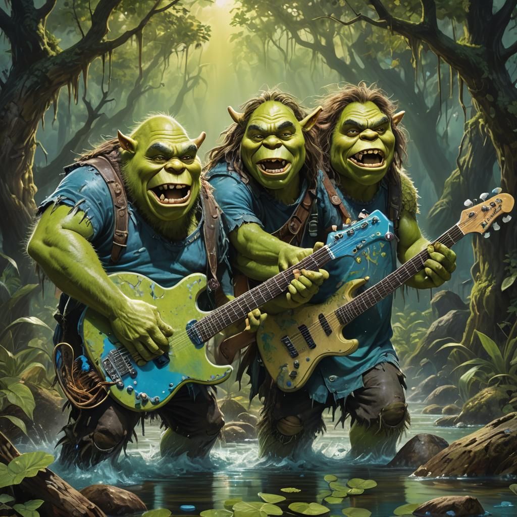 Two Shreks Playing Electric Guitars as Splash Art