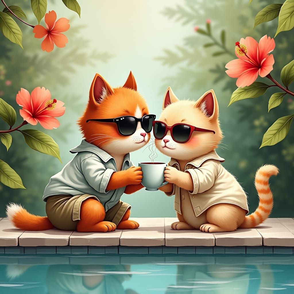 Cats Kissing Poolside in Zhi Li Watercolor Style