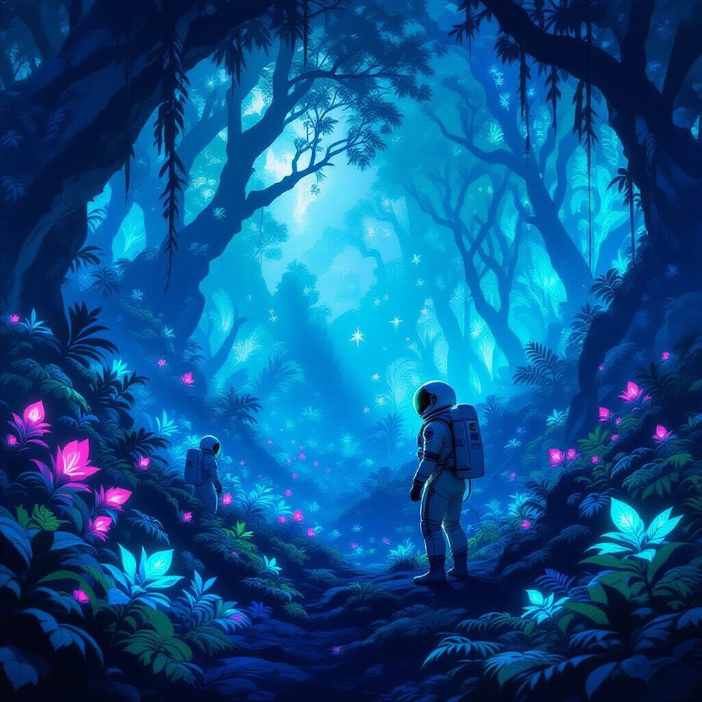 Astronaut Explores Bioluminescent Alien Forest