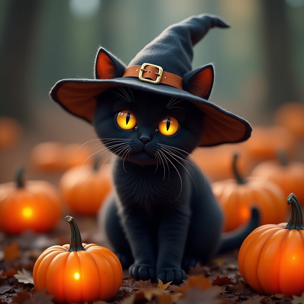 Whimsical Halloween Cat in Witch Hat with Pumpkins