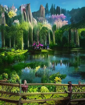 Cyberpunk Palace with River and Flowers