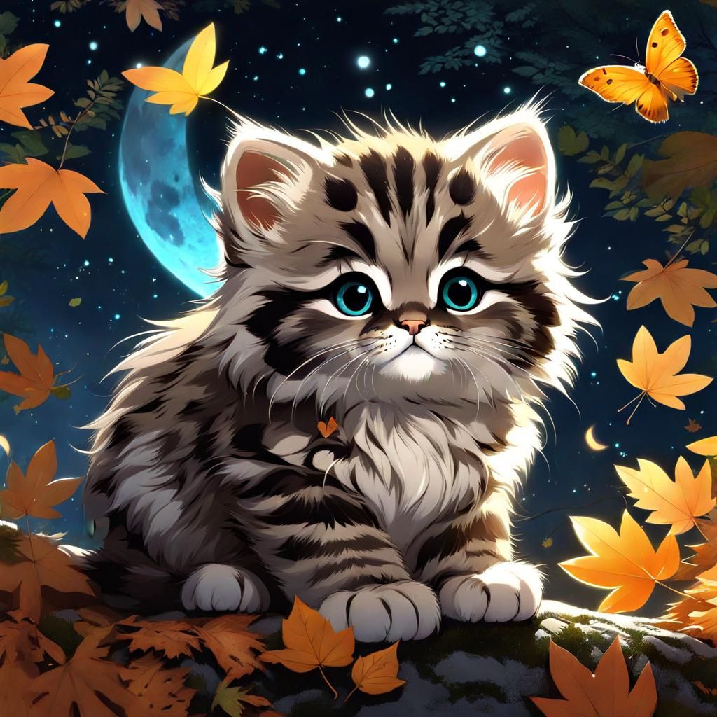 Constellation Baby Manul Cat in Bioluminescent Forest