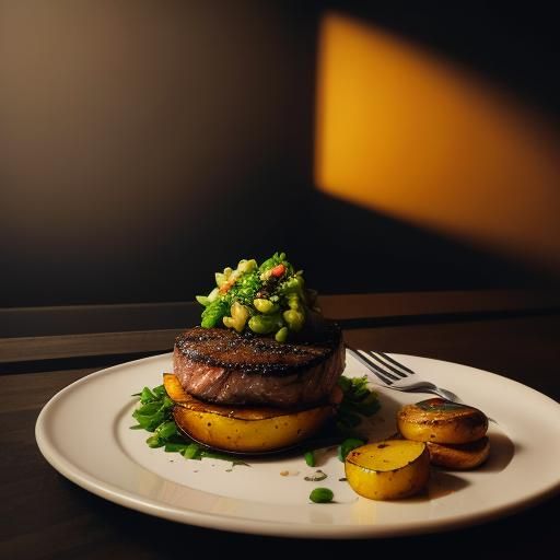 Steak in a Surrealistic Still Life with Stuffed Potato