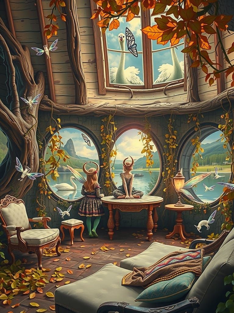 A surreal scene of two mystical fairy children sitting besid...