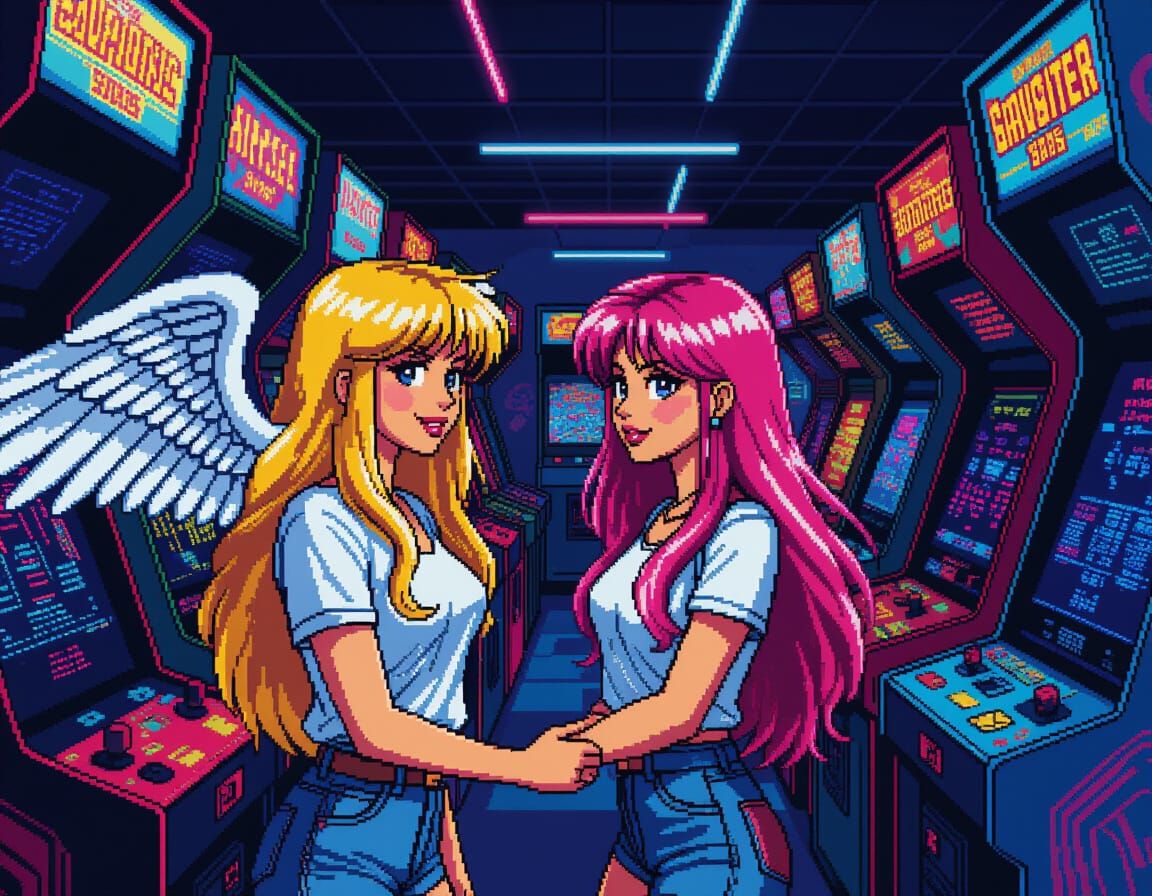 Women Playing Video Games in 80s Arcades with Neon Lights
