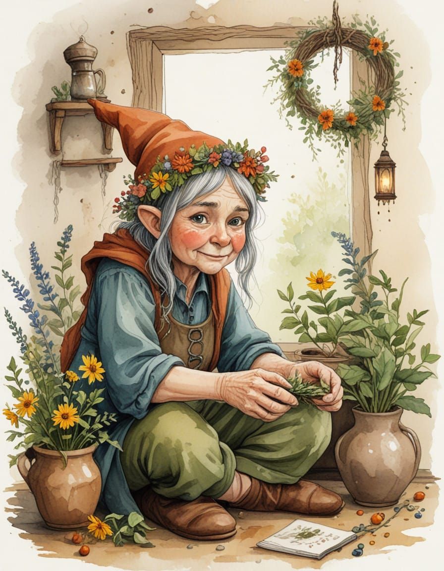 Whimsical High Fantasy Herbalist in Cozy Watercolor Cottage