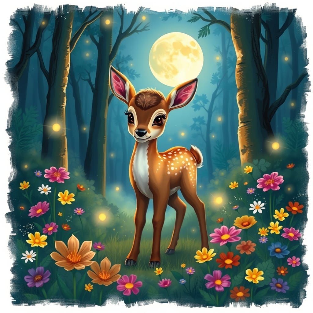 Mystical Fawn in Enchanted Forest with Fireflies