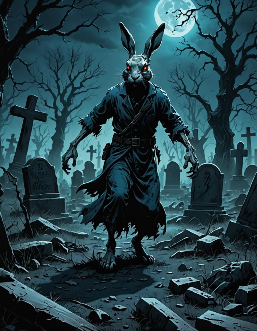 Dark Graveyard: Undead Rabbit Zombie in Horror Art