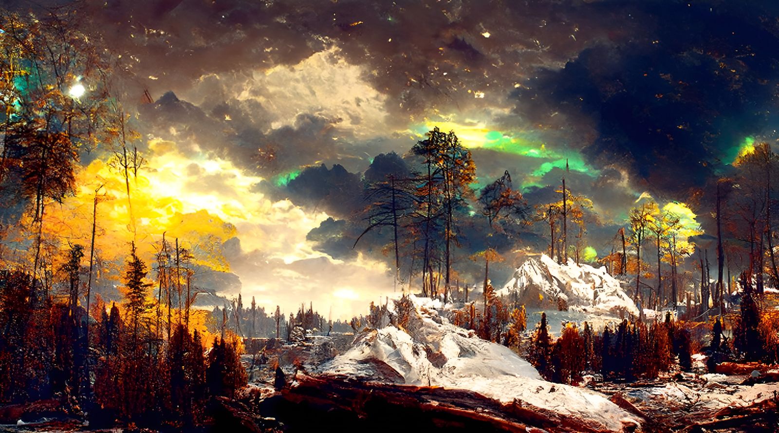 Post-Apocalyptic Winter Landscape with Aurora
