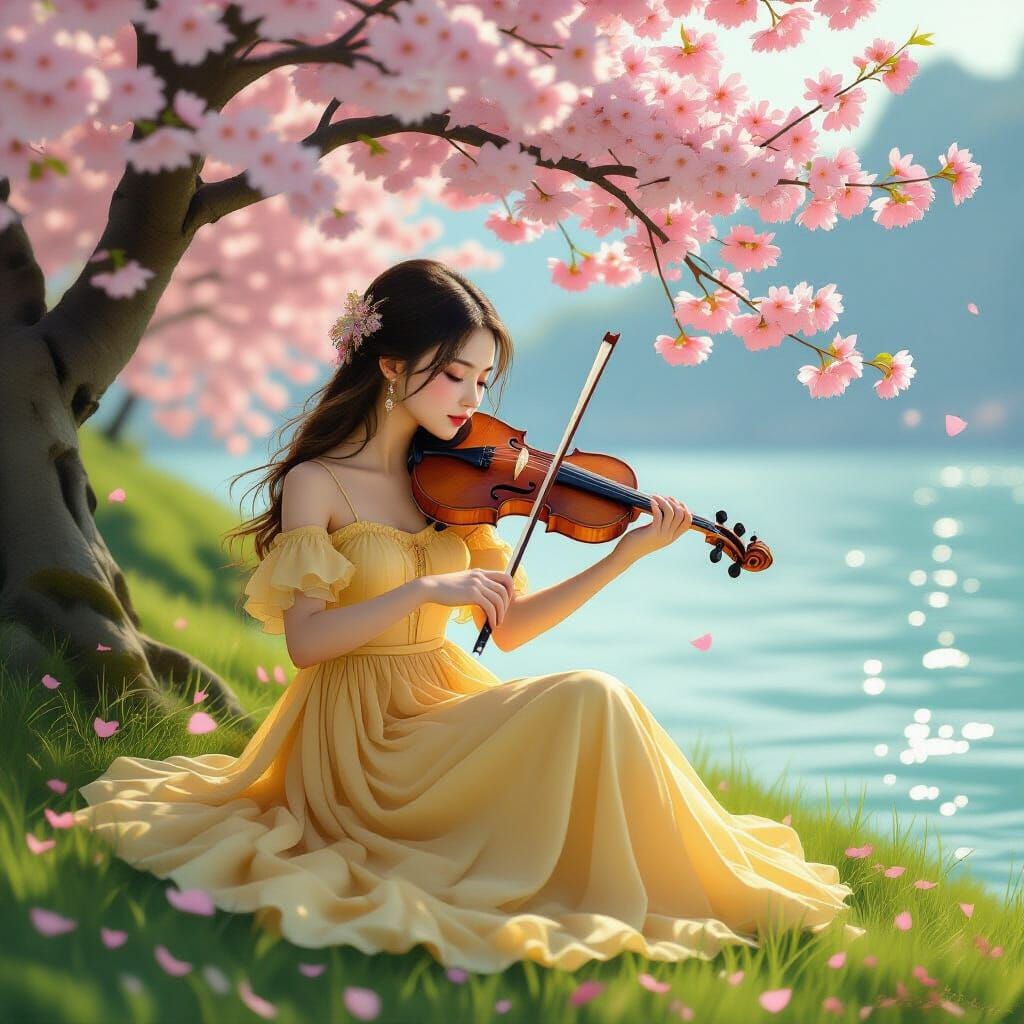 Girl Plays Violin Under Cherry Blossoms, Digital Matte Paint...