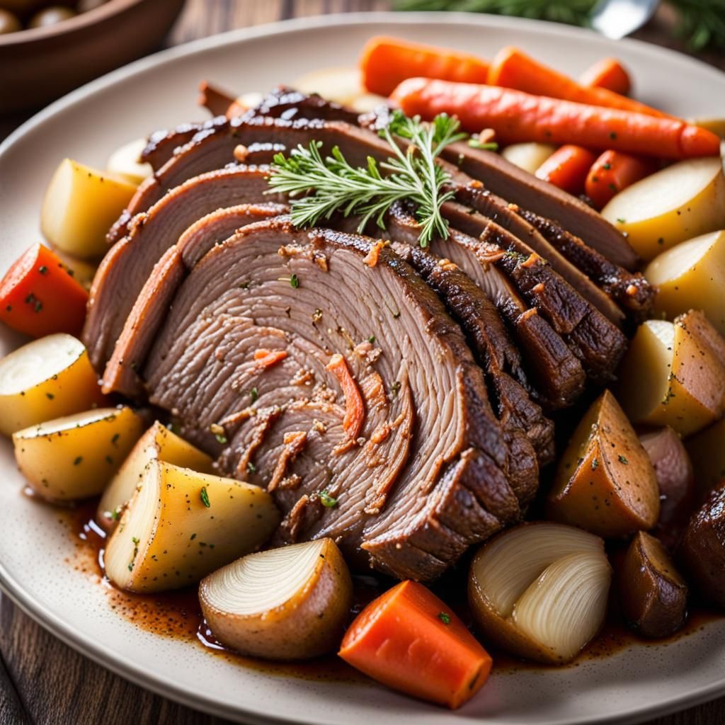detailed roasted pot roast with carrots potatoes and onions,  Professional photography, bokeh, natural lighting, canon l...