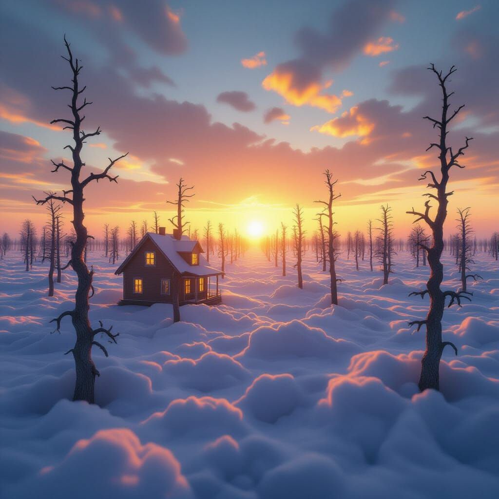 Isolated Home Amidst Dead Trees and Event Horizon