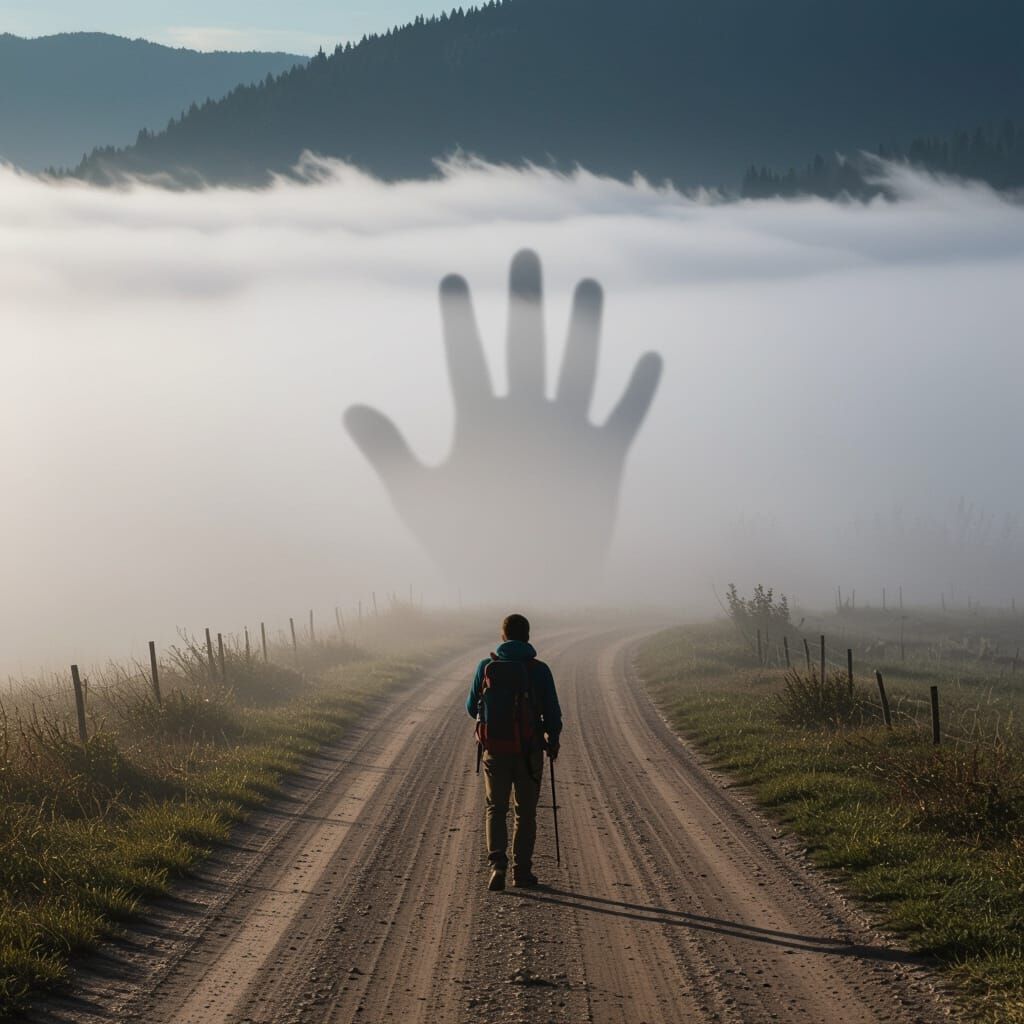 Hiker Encounters Fog Hand on Misty Road