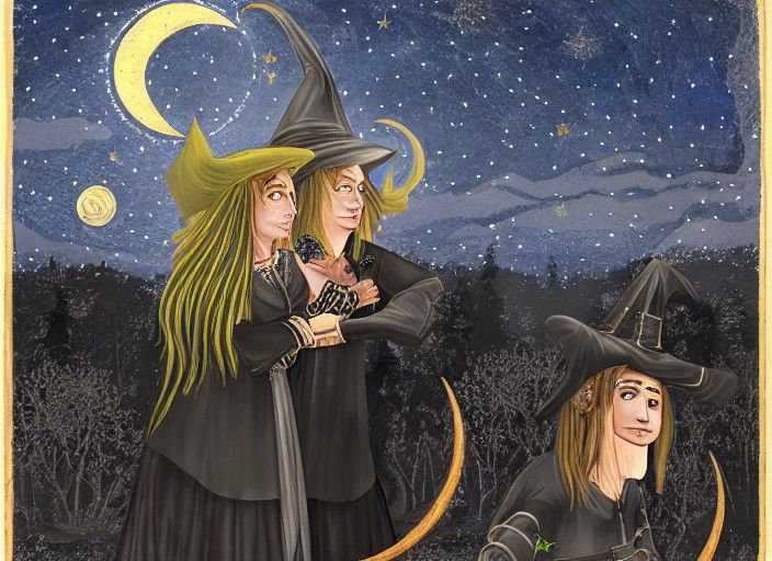 Ethereal Witch and Consort Under Starry Moon