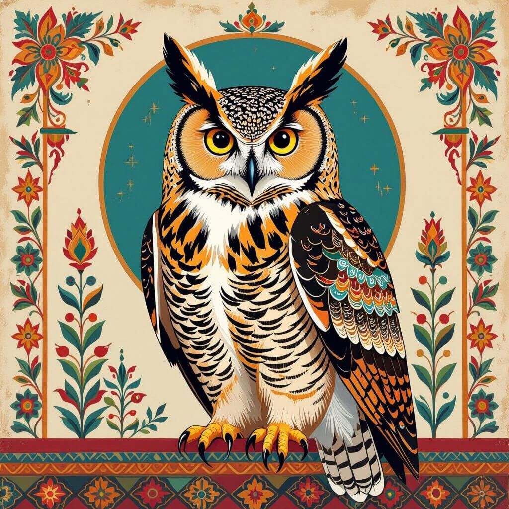 Majestic Owl in Traditional Pithora Art Style
