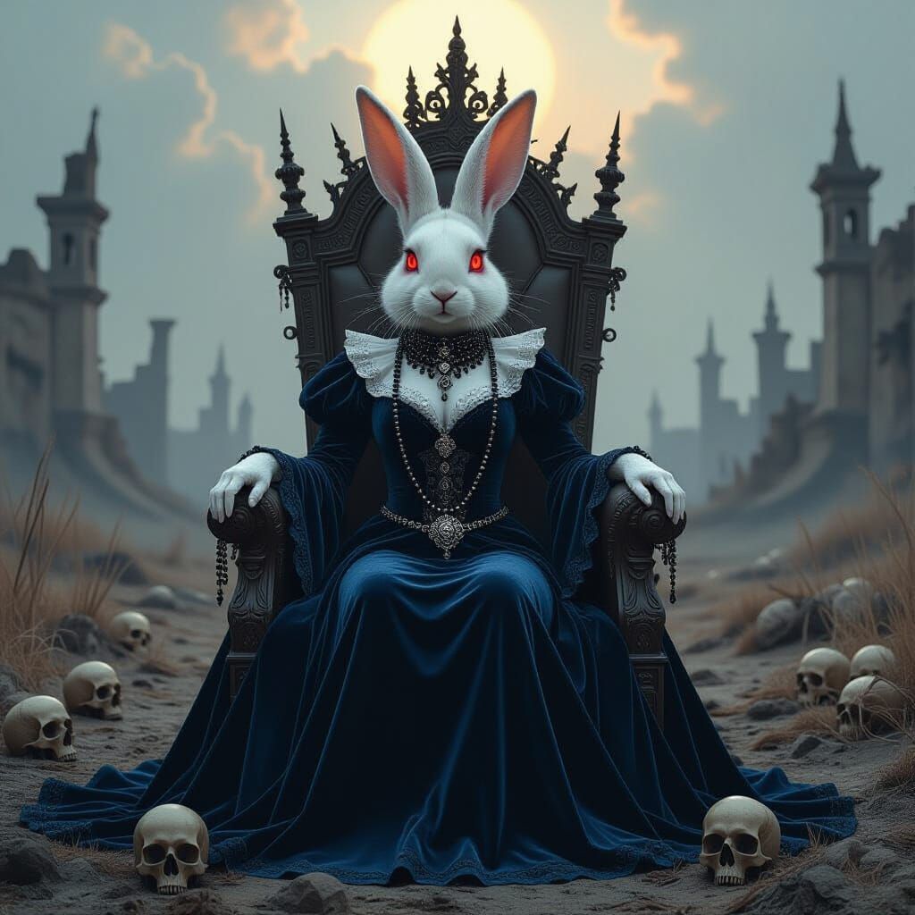 Gothic Rabbit Queen on Skull Throne in Dark Fantasy Style