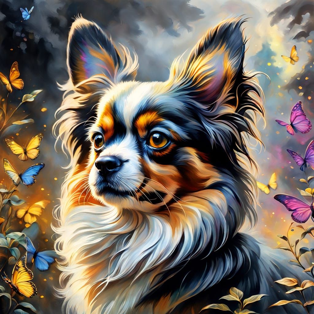 Colorful Papillon Dog in Gouache Charcoal Drawing