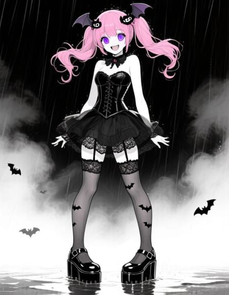 Wednesday Addams-Inspired Manga Girl in Rain