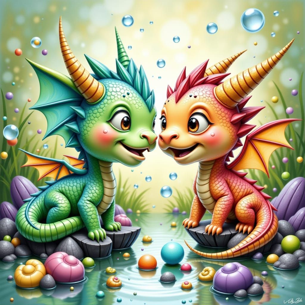 Dreamlike Encaustic Art of Chubby Dragons in Whimsical World...