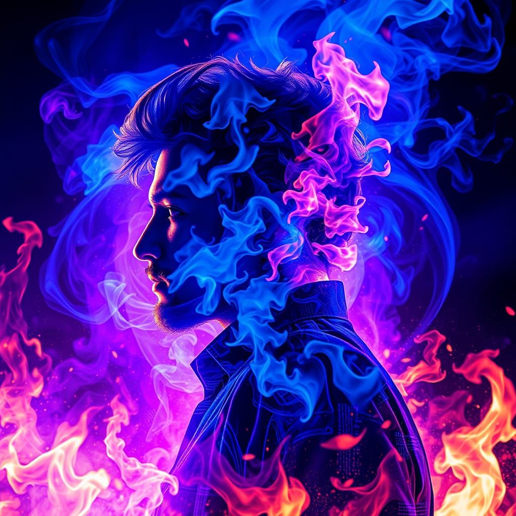 Mysterious Figure Embracing Burning Inferno in Cyberpunk Sty...