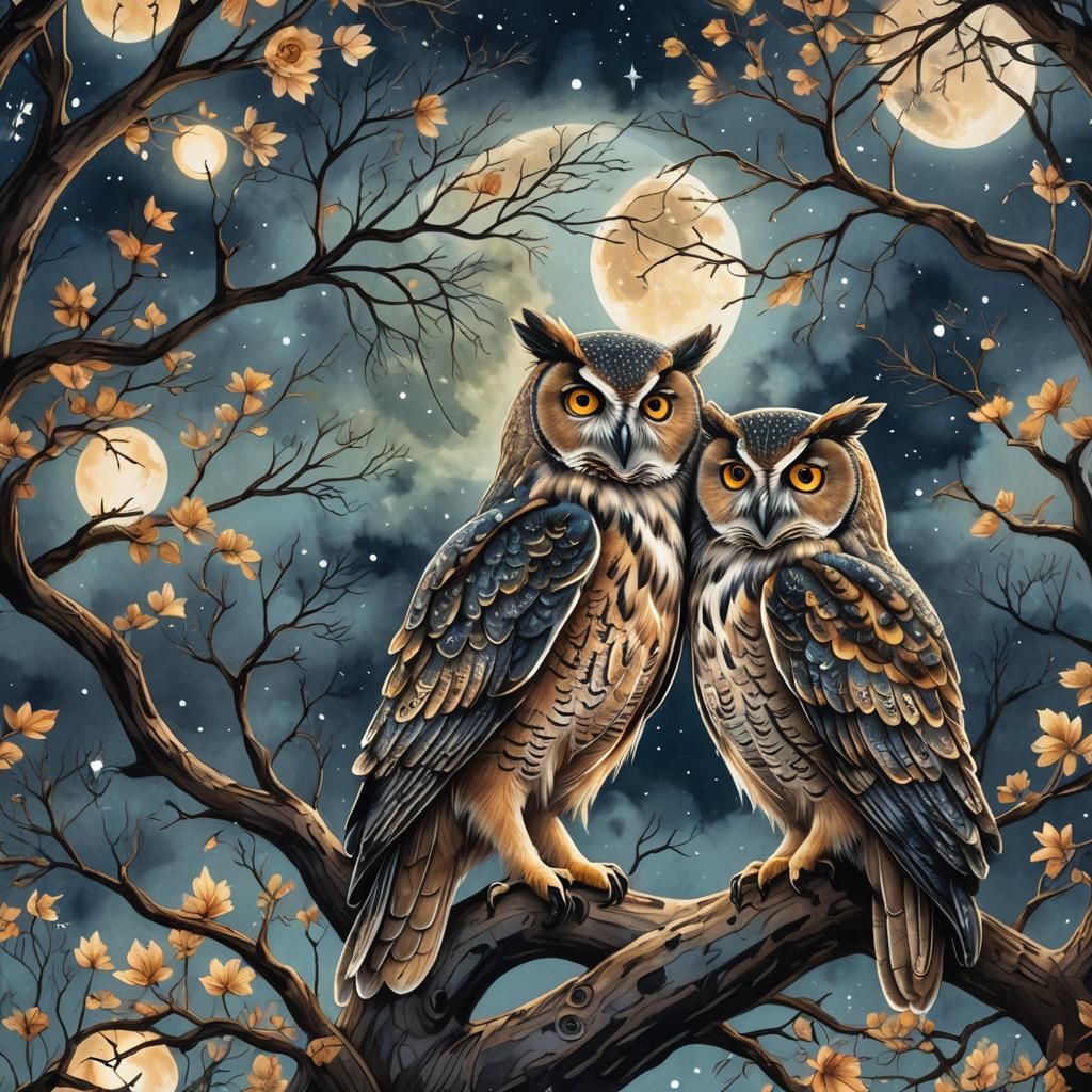 Whimsical Owls Under Moonlight: Fantasy Wildlife Art