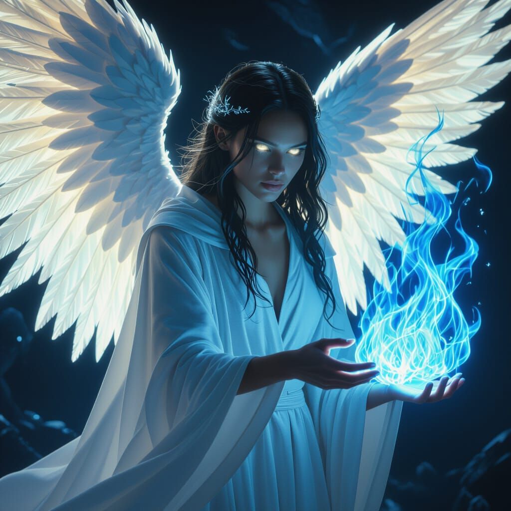Angel Figure Manipulating Blue Fire in Mystical Realism