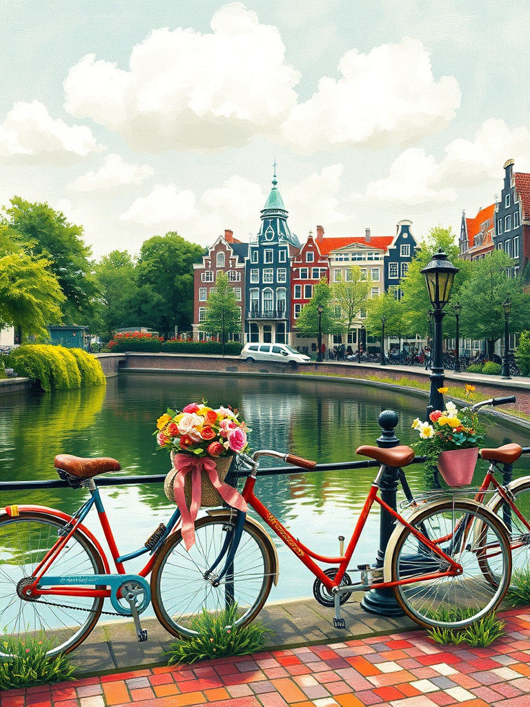 Floral Bikes on Amsterdam Lakes: An Impressionistic Scene
