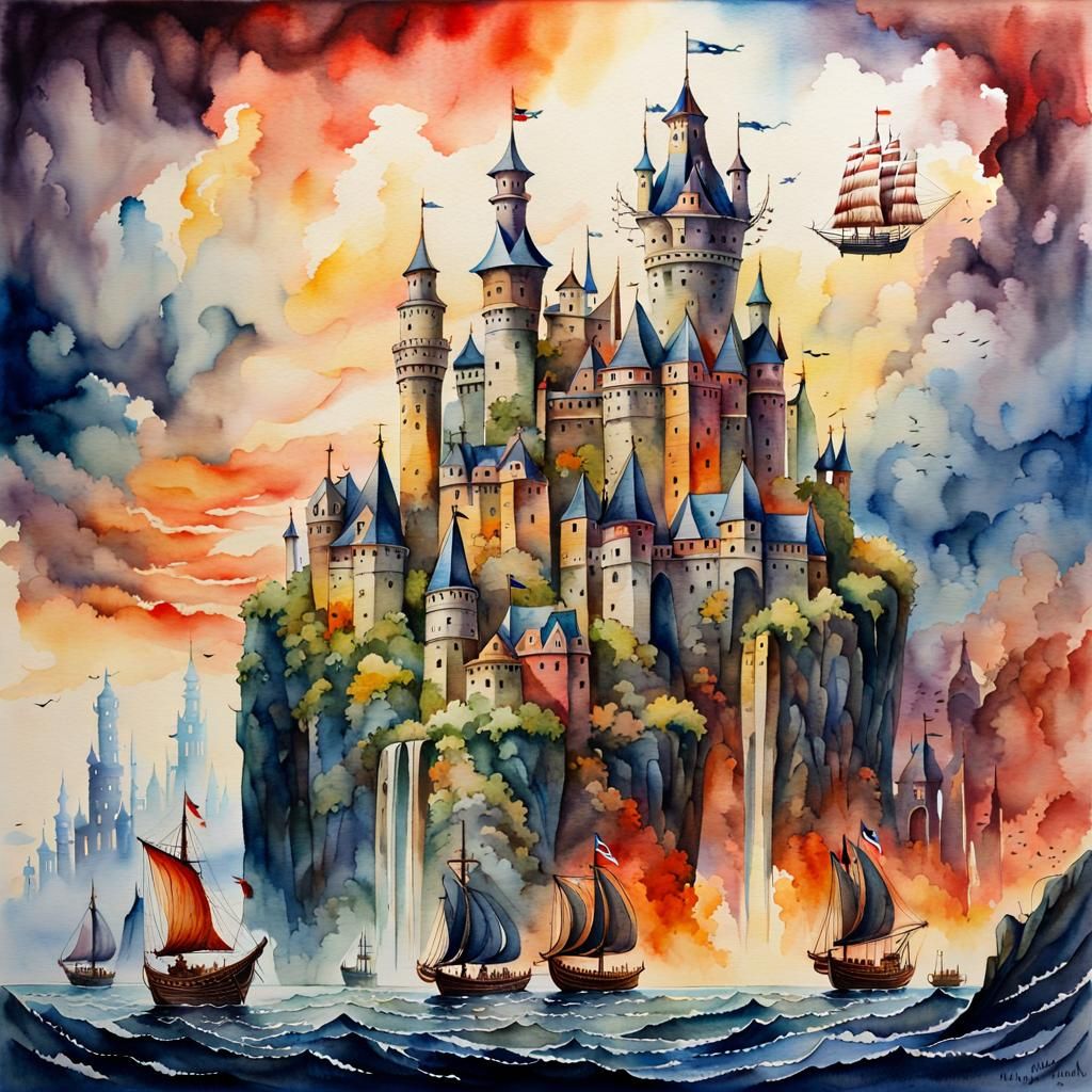 Watercolor Sailing Ships Over Gothic Castle