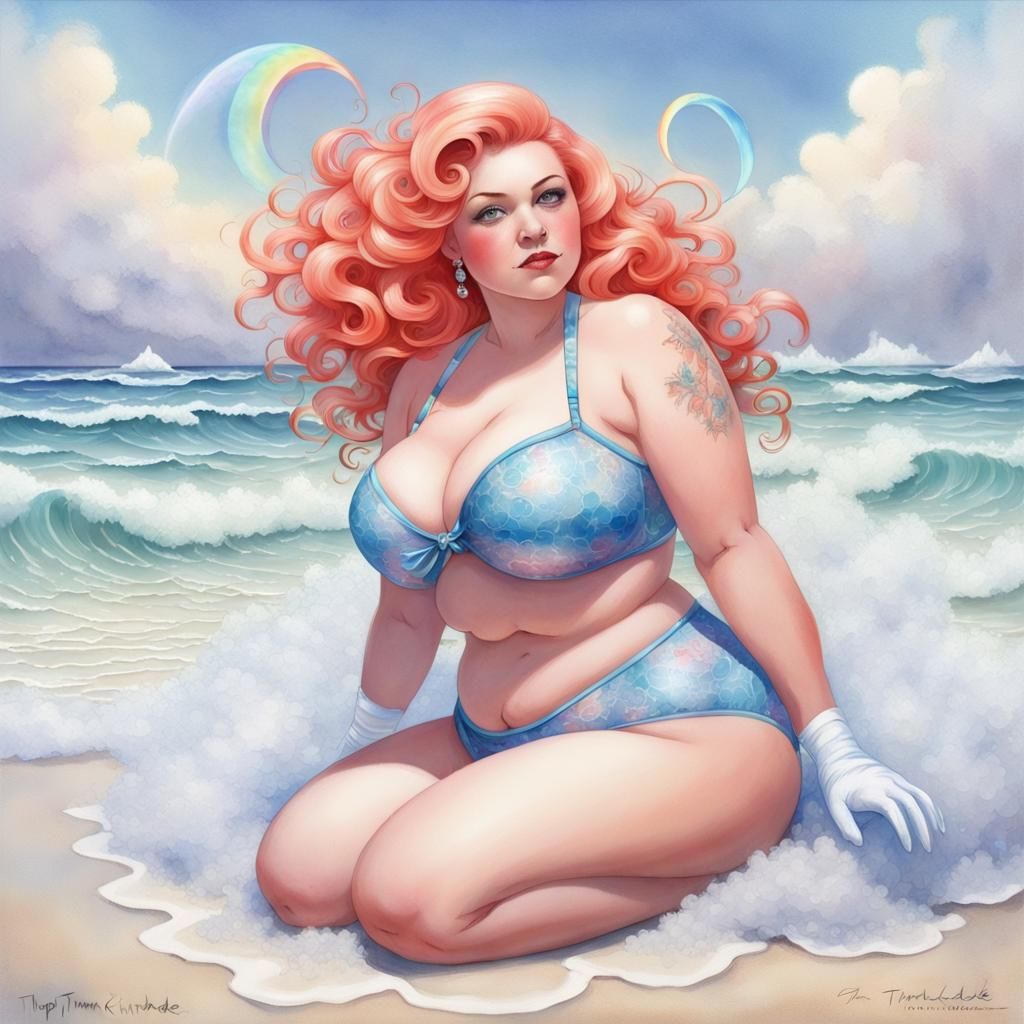 Rainbow Haired Pin-Up on Fractal Beach in Watercolor