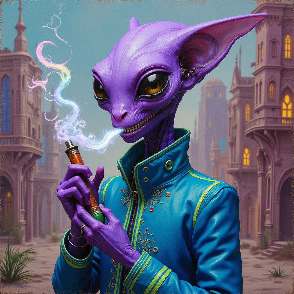 Violet Alien Smoking in Surreal Sci-Fi Landscape