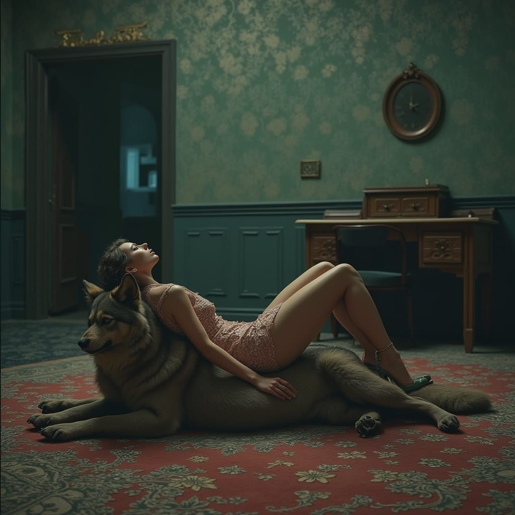 Woman and Werewolf in Abandoned Hotel, Matte Painting