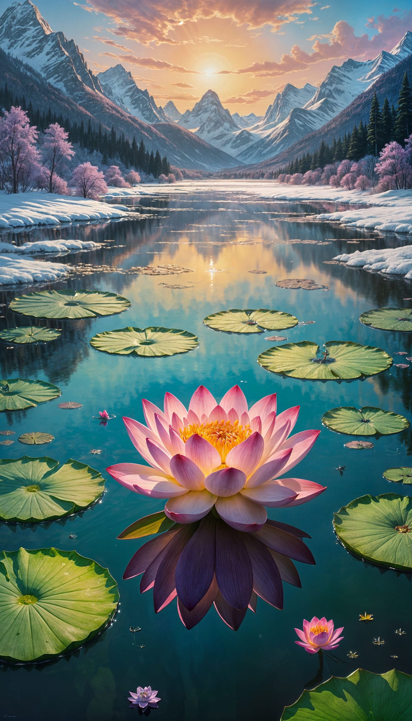 Dreamlike Lotus Flower Glows Over Snowy Mountains