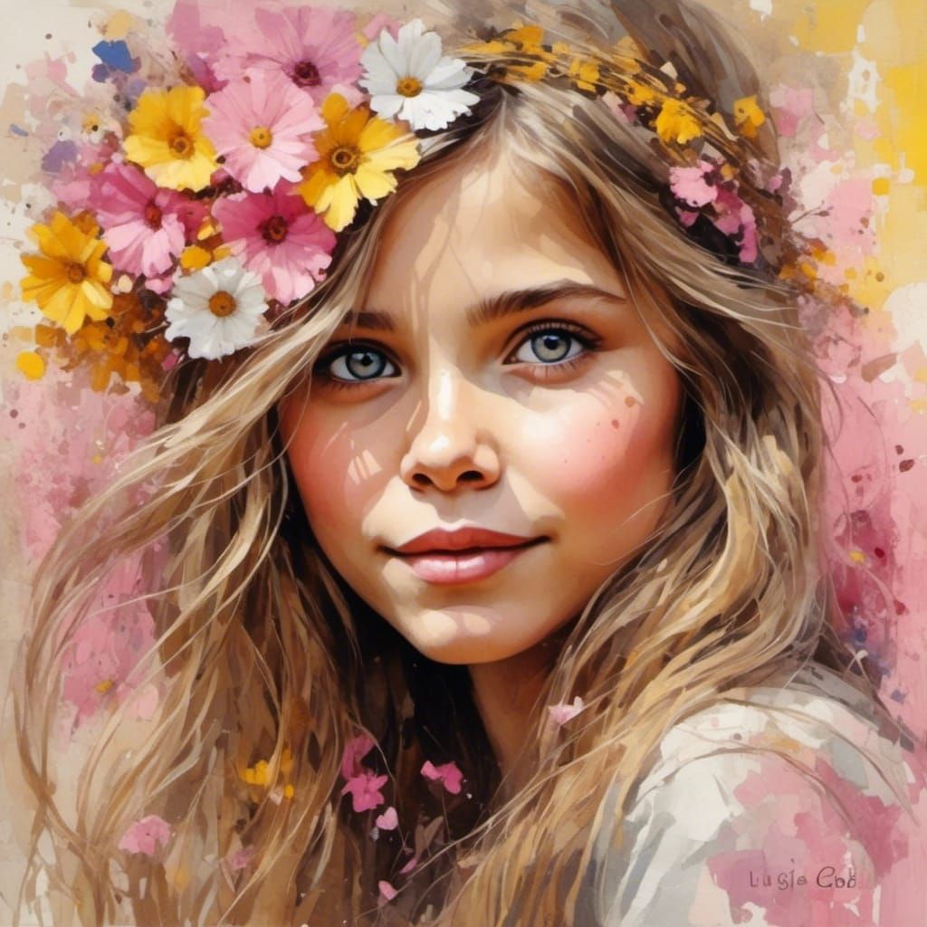 Beautiful Woman Portrait with Wildflowers, Impasto Style