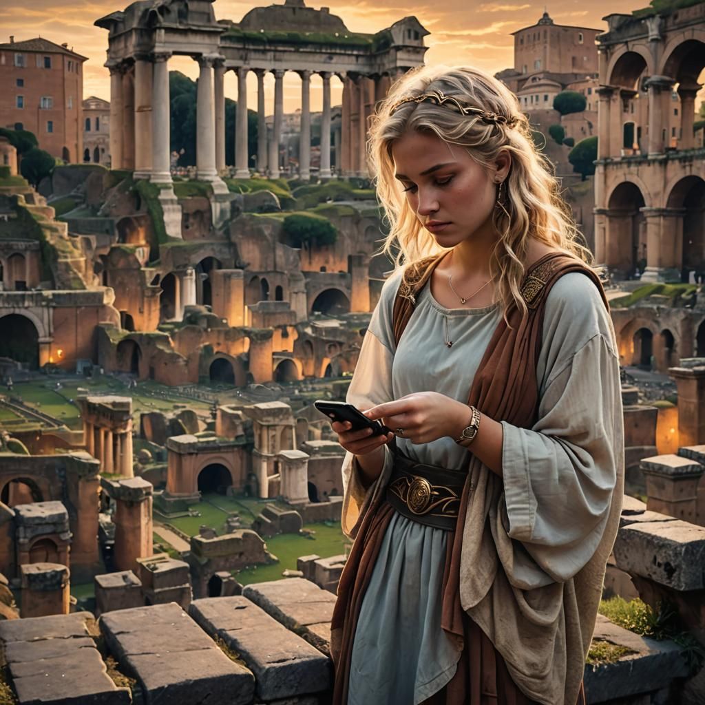 Girl with iPhone in Ancient Rome: Matte Painting