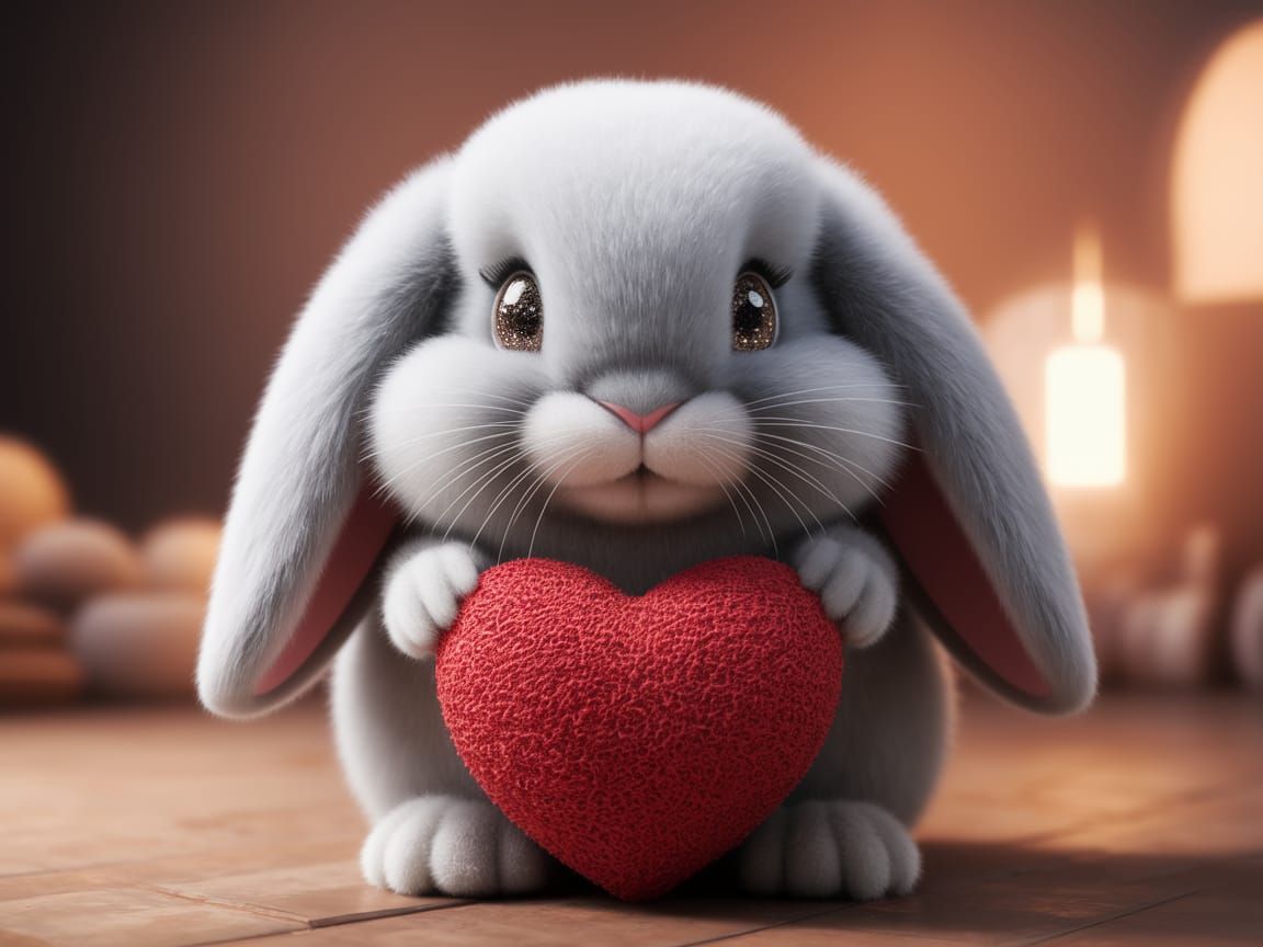 Fluffy Bunny Holds a Textured Red Heart in a Whimsical Setti...