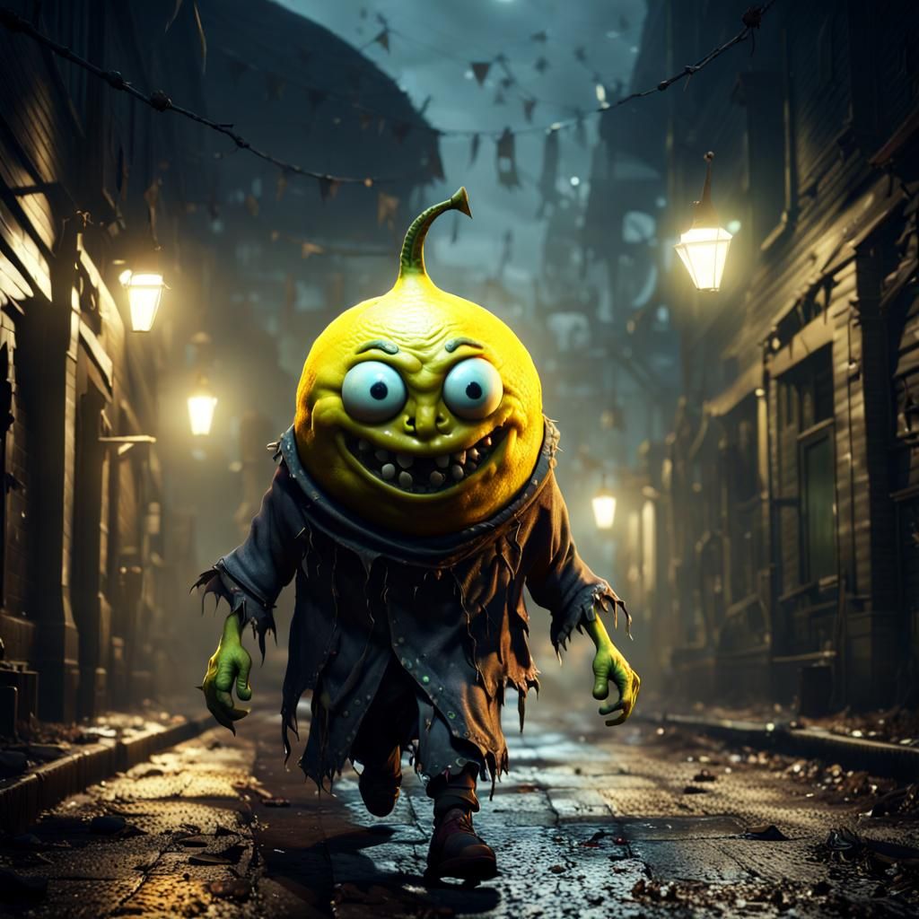 Zombie Lemon Prowls Foggy Streets at Night