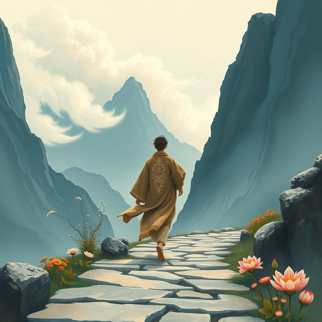 Ethereal Figure Walks Through Mountains with Flower Trail