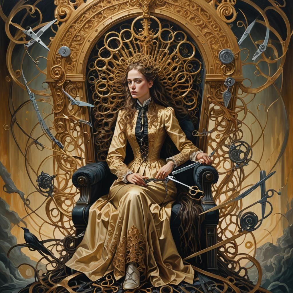 Surreal Victorian Woman with Scissors in Oil Painting