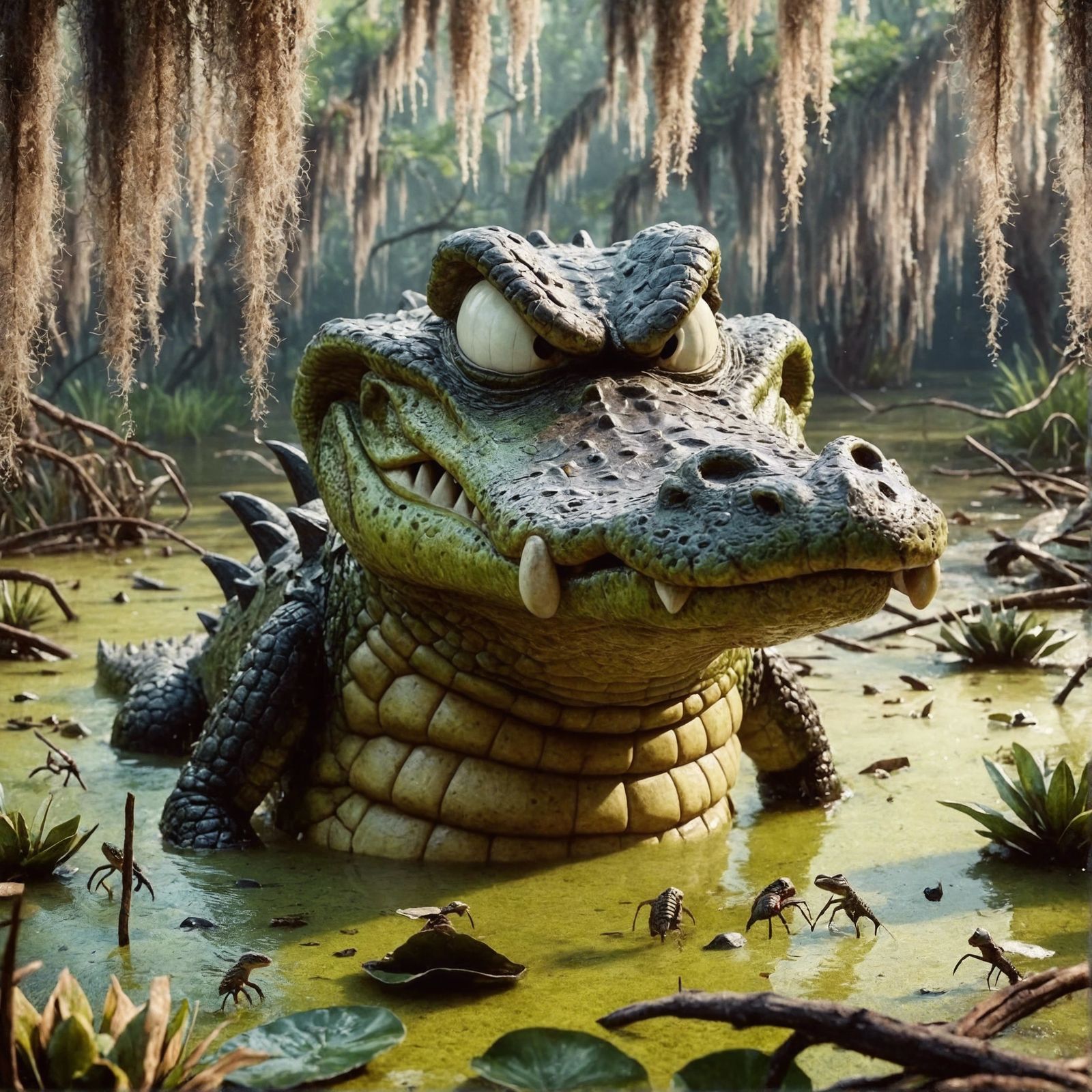 Irate Cartoon Alligator in Swamp Setting as CGI