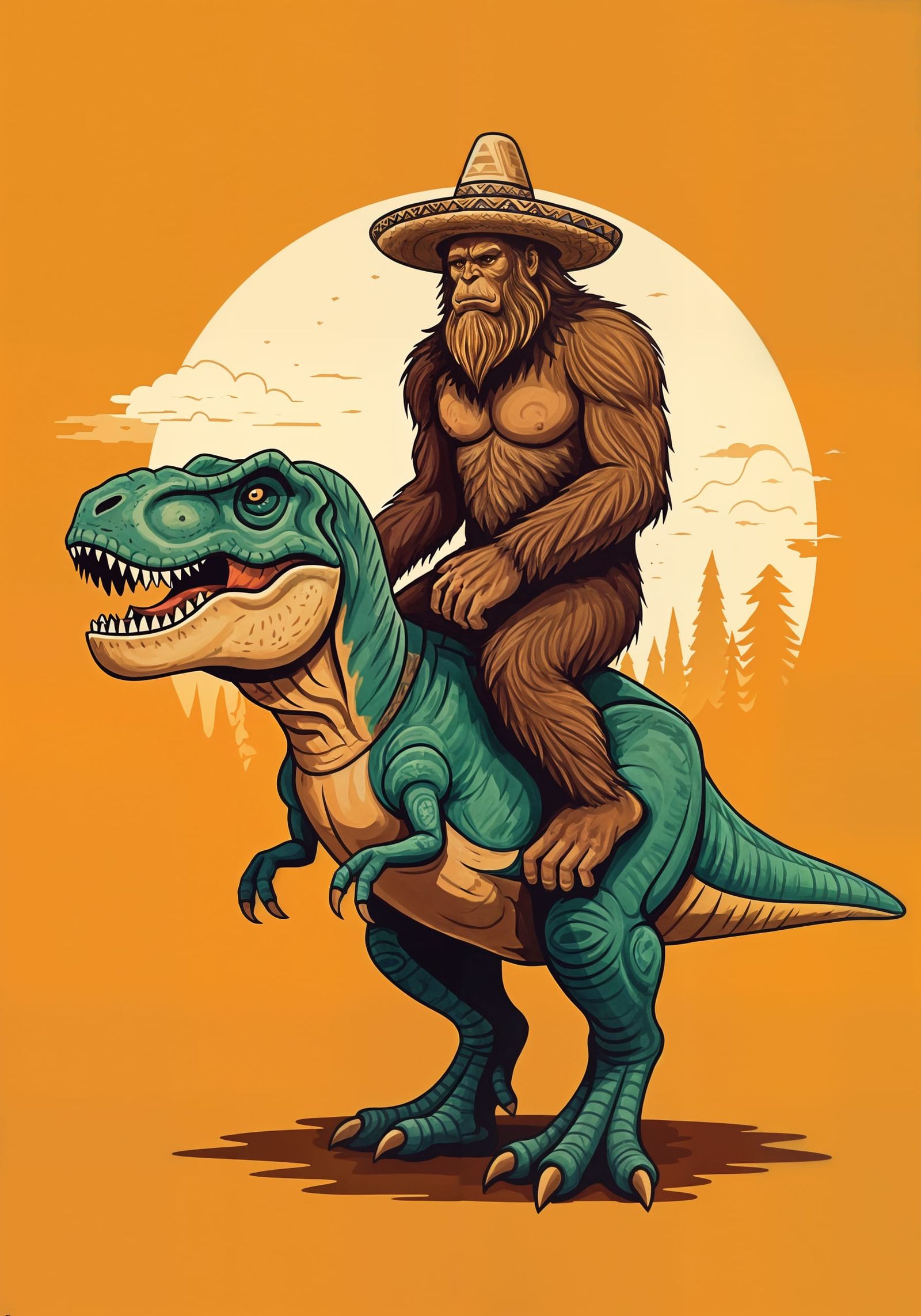 Sasquatch Rides T-Rex: Tattoo Illustration