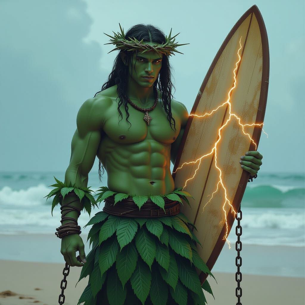 Green Skinned Man with Surfboard, Fantasy Art