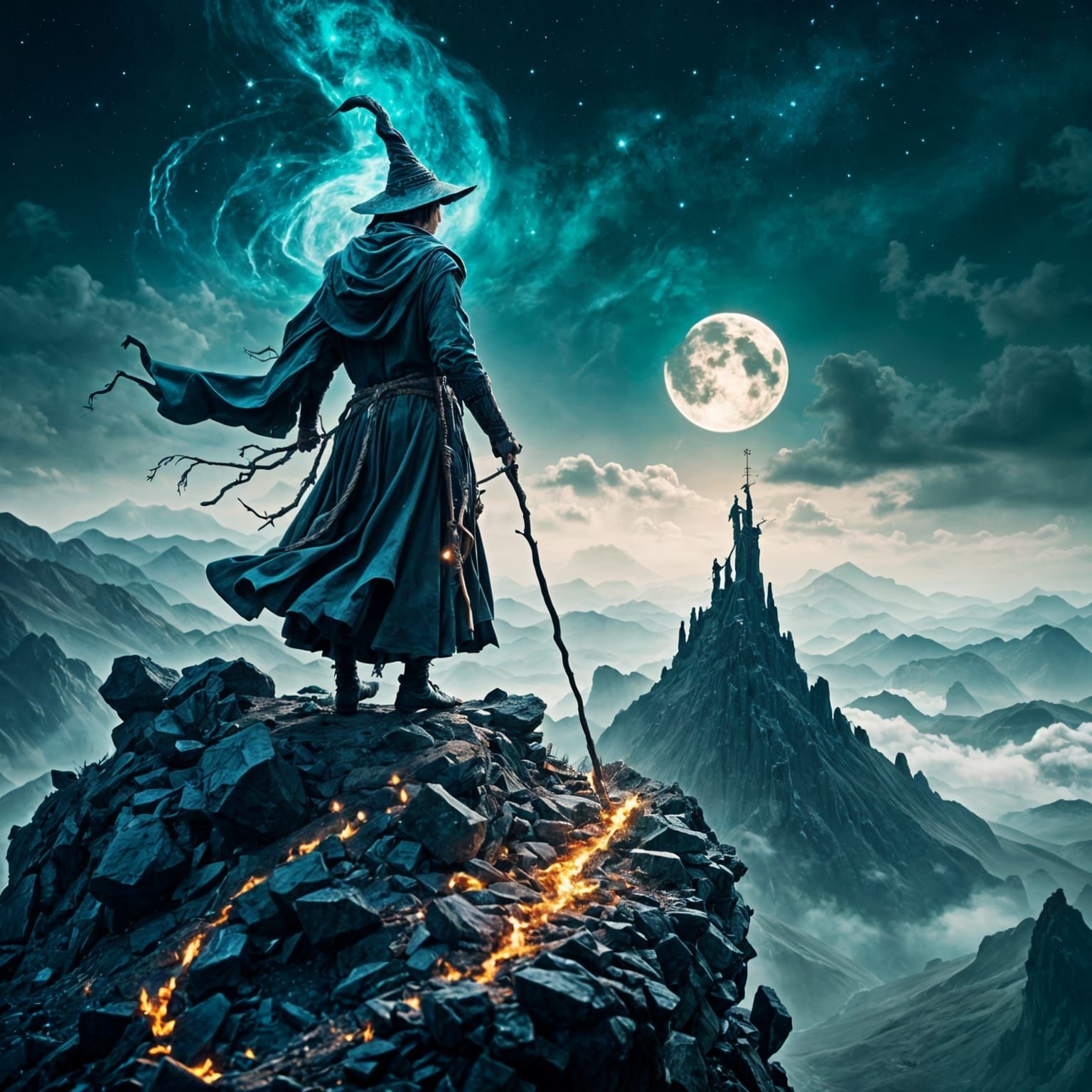 Wizard on Mountain Peak in Swirling Style